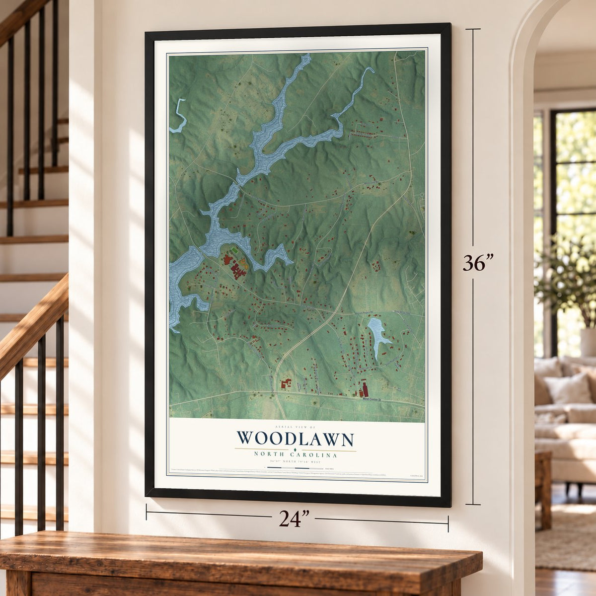 Woodlawn, North Carolina map, 24 x 36 inch print in a black frame by a staircase