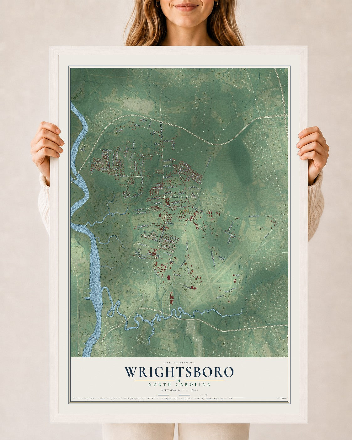 Map of Wrightsboro, North Carolina, 24 x 36 inch print in a white wood frame