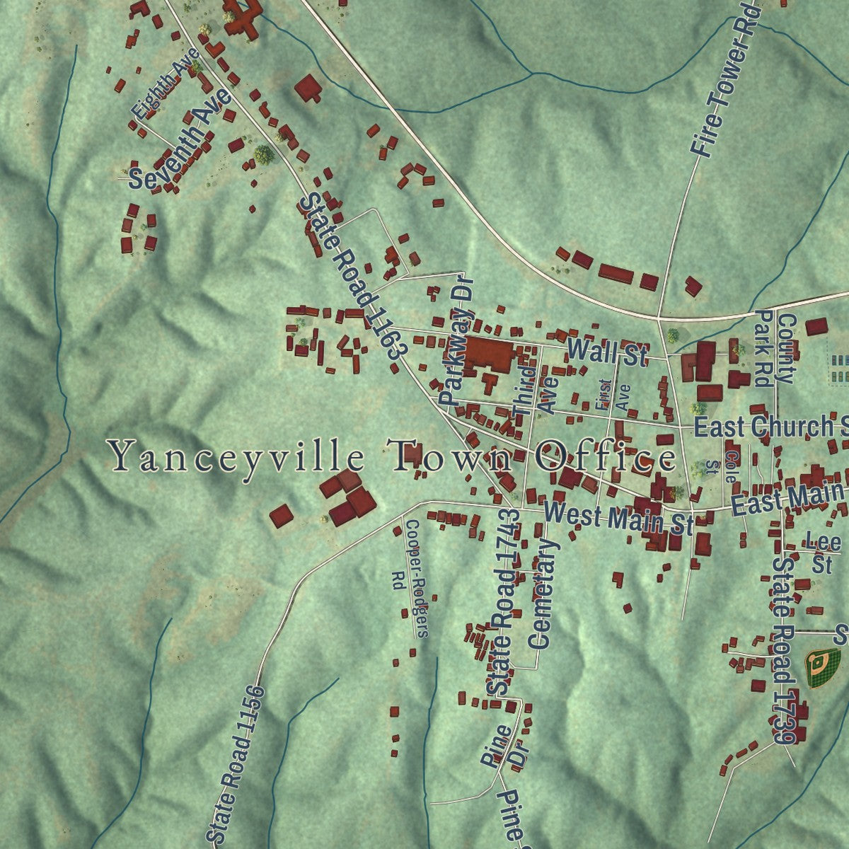 Close-up of the map of Yanceyville, North Carolina print showing street and building detail