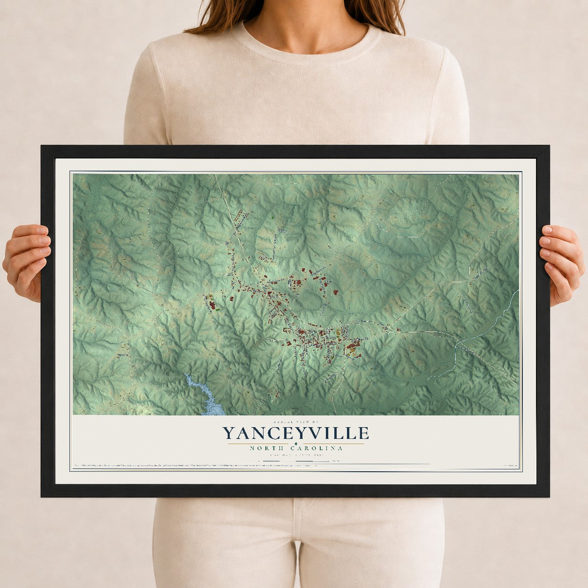 Map of Yanceyville, North Carolina, 12 x 18 inch print in a black wood frame