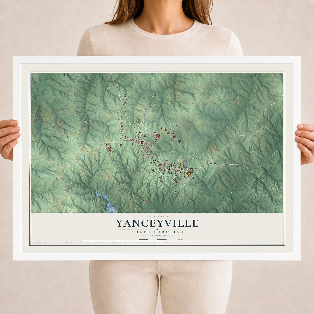 Map of Yanceyville, North Carolina, 18 x 24 inch print in a white wood frame