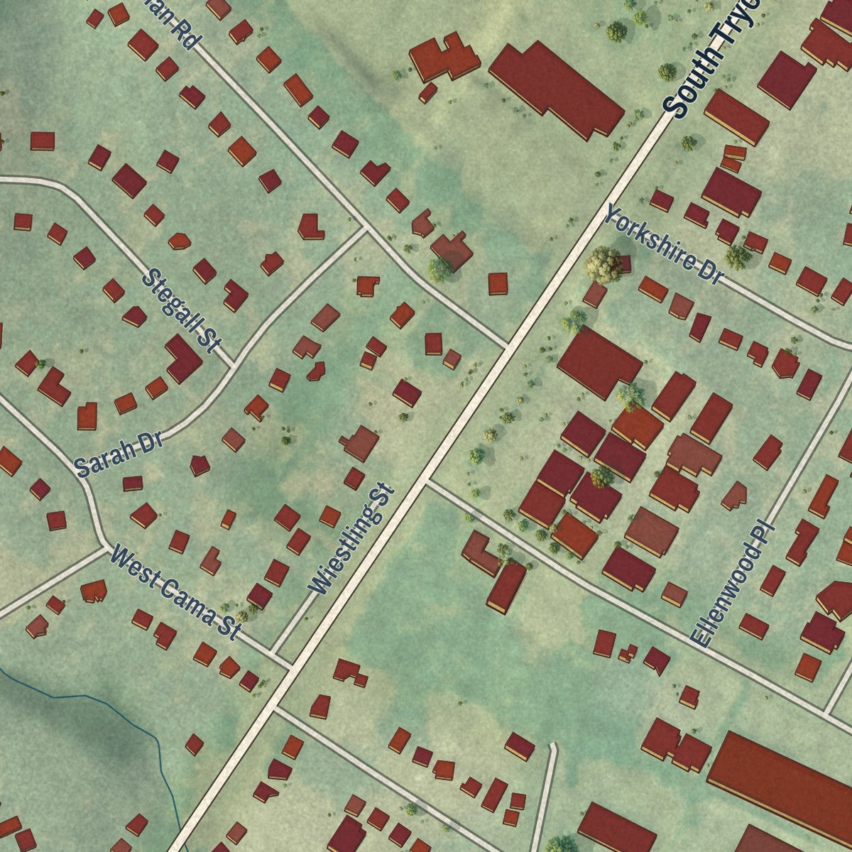 Close-up of the map of York Road, North Carolina print showing street and building detail