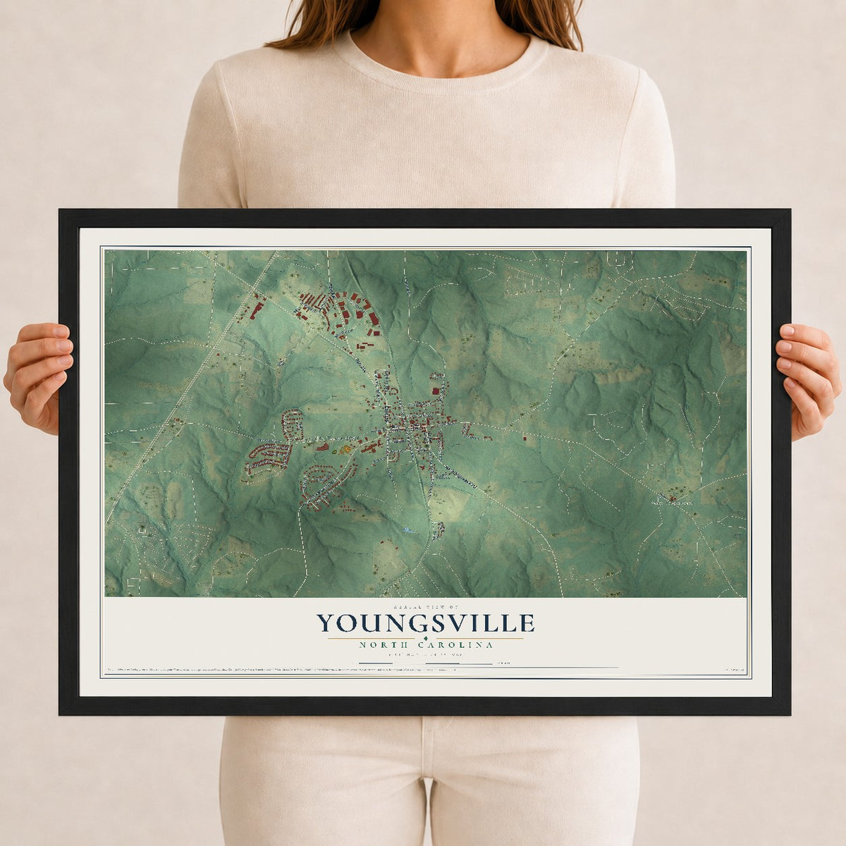 Map of Youngsville, North Carolina, 12 x 18 inch print in a black wood frame