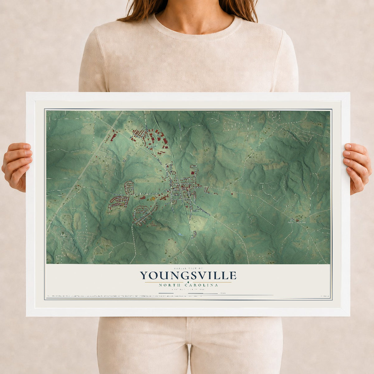 Map of Youngsville, North Carolina, 12 x 18 inch print in a white wood frame