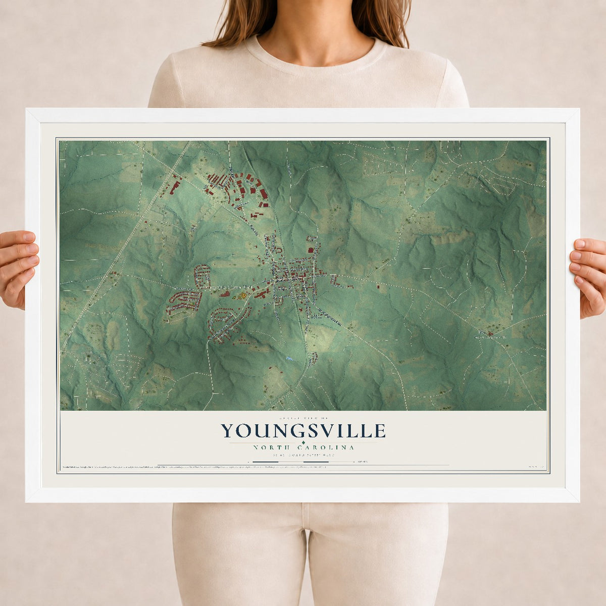 Map of Youngsville, North Carolina, 18 x 24 inch print in a white wood frame