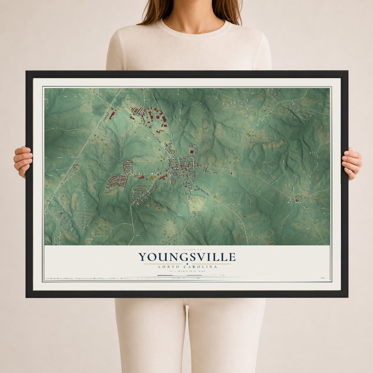 Map of Youngsville, North Carolina, 24 x 36 inch print in a black wood frame