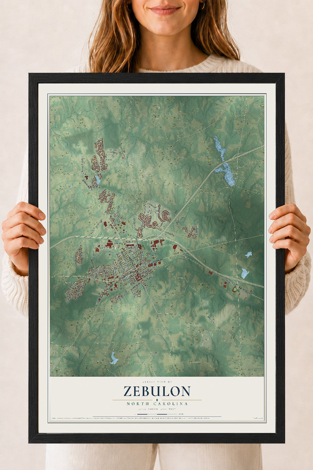 Map of Zebulon, North Carolina, 18 x 24 inch print in a black wood frame