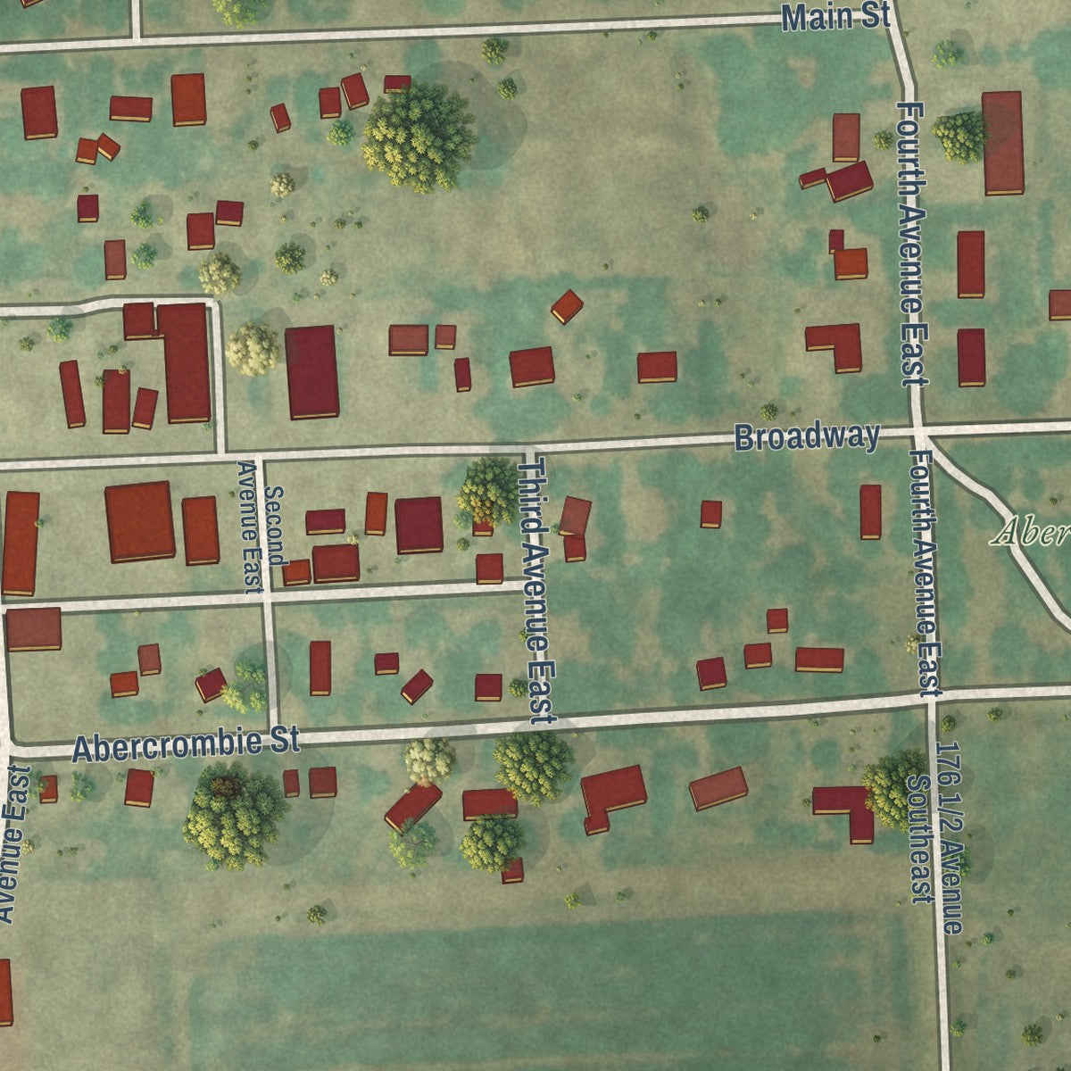 Second close-up of the map of Abercrombie, North Dakota print showing more streets and buildings