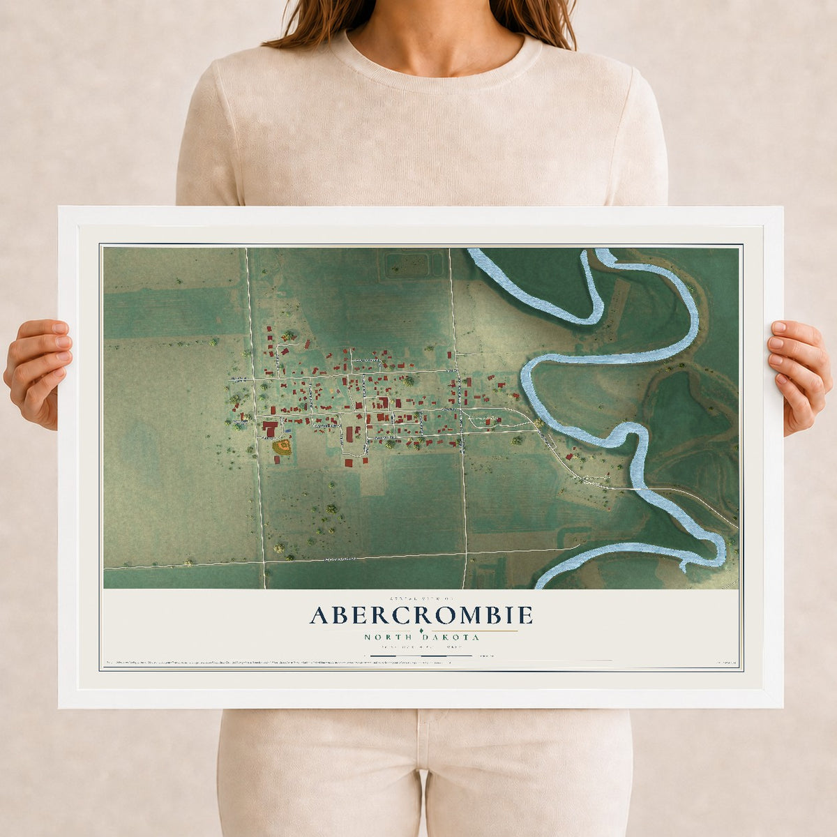 Map of Abercrombie, North Dakota, 12 x 18 inch print in a white wood frame