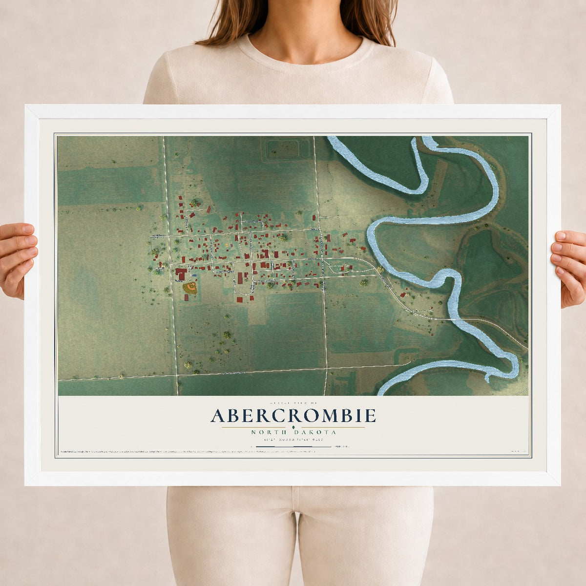 Map of Abercrombie, North Dakota, 18 x 24 inch print in a white wood frame