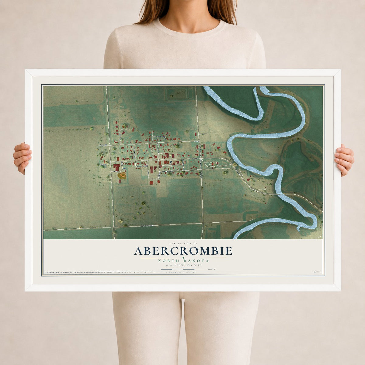 Map of Abercrombie, North Dakota, 24 x 36 inch print in a white wood frame