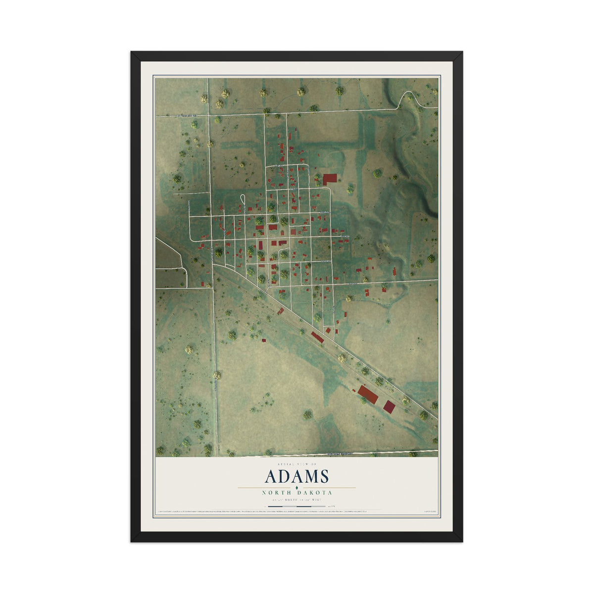 Map of Adams, North Dakota, 12 x 18 inch print in a black wood frame