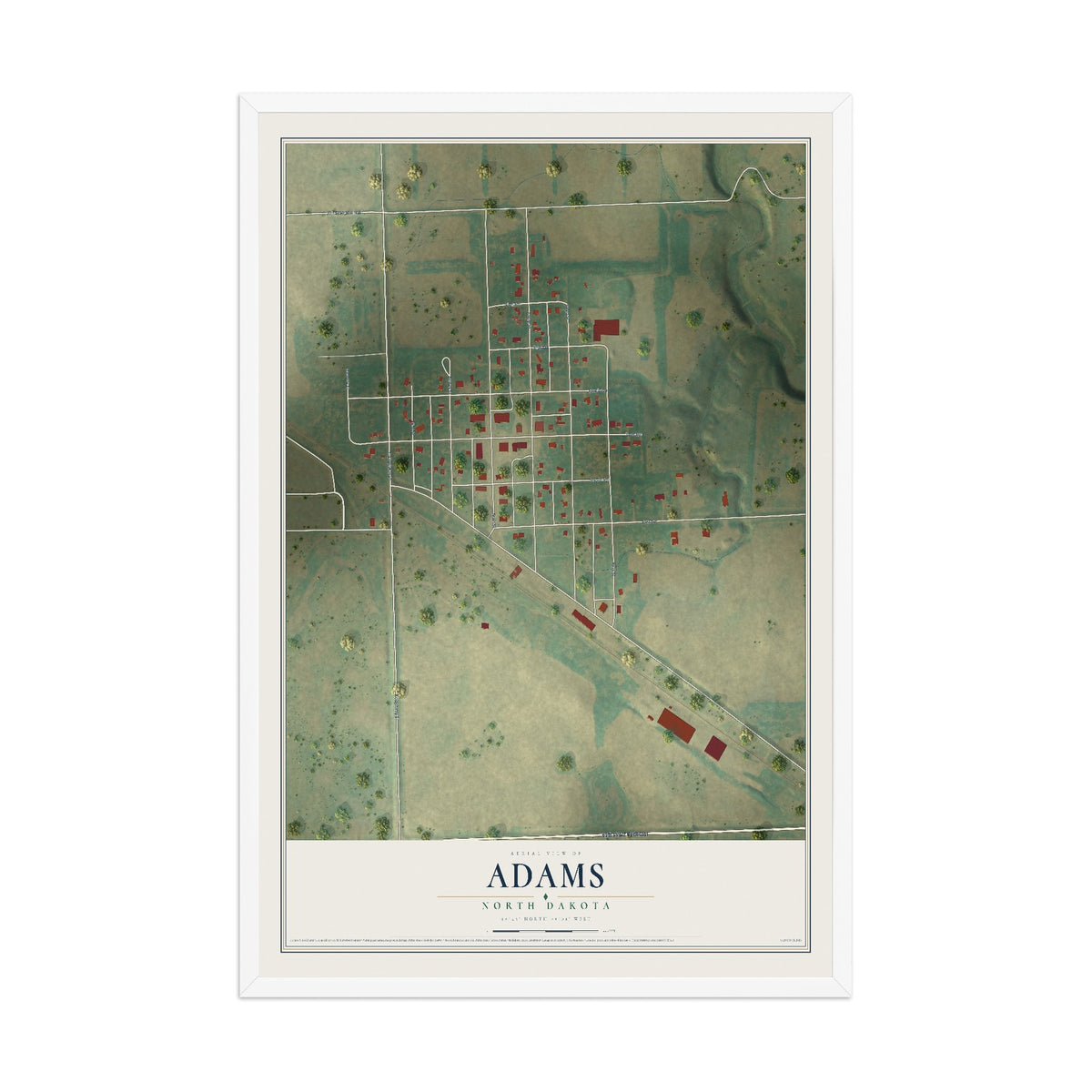 Map of Adams, North Dakota, 12 x 18 inch print in a white wood frame