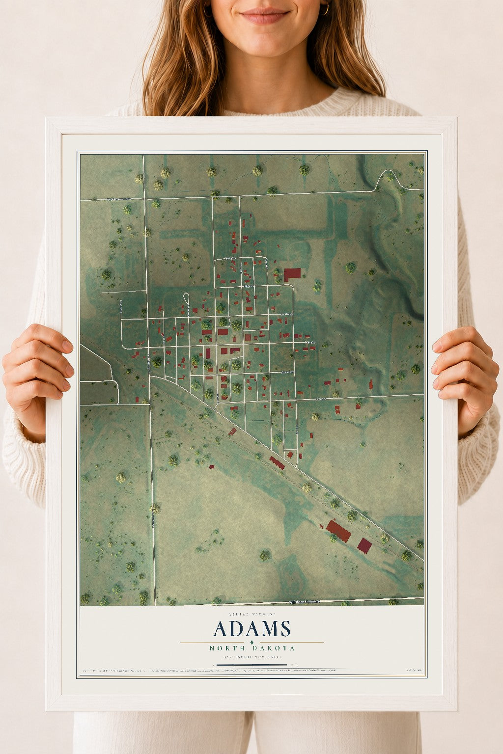 Map of Adams, North Dakota, 18 x 24 inch print in a white wood frame