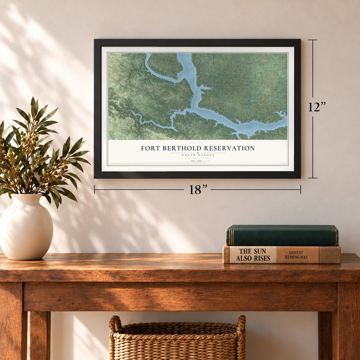 Fort Berthold Reservation, North Dakota map, 12 x 18 inch print in a black frame in an entryway