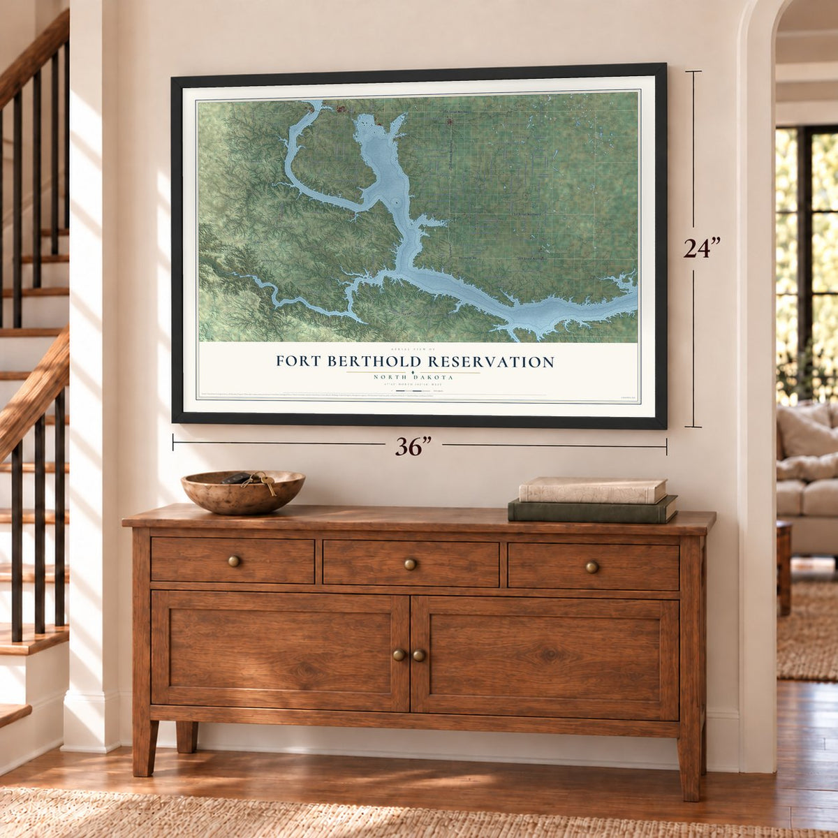 Fort Berthold Reservation, North Dakota map, 24 x 36 inch print in a black frame above a dresser by a staircase