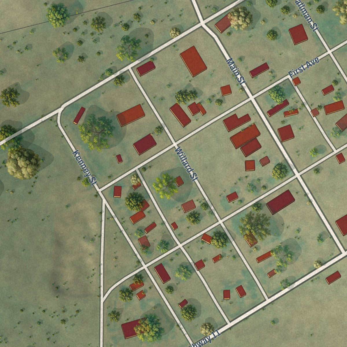 Close-up of the map of Alamo, North Dakota print showing street and building detail
