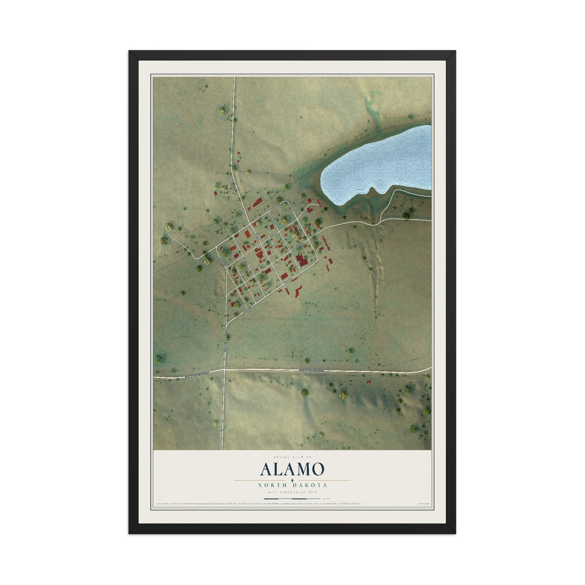 Map of Alamo, North Dakota, 12 x 18 inch print in a black wood frame