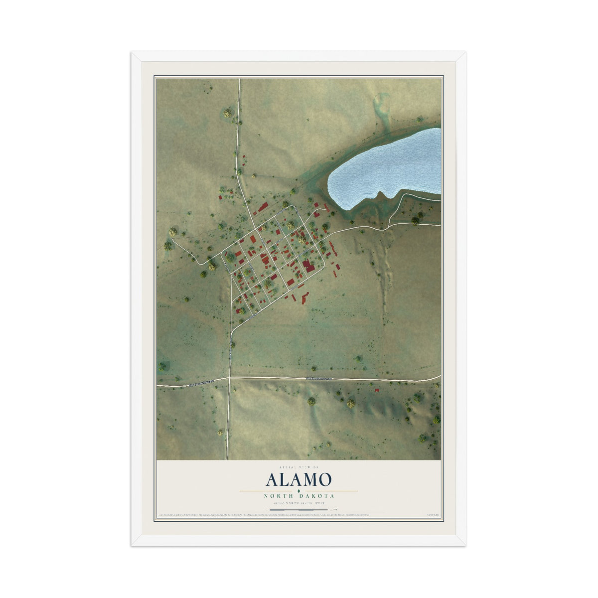Map of Alamo, North Dakota, 12 x 18 inch print in a white wood frame