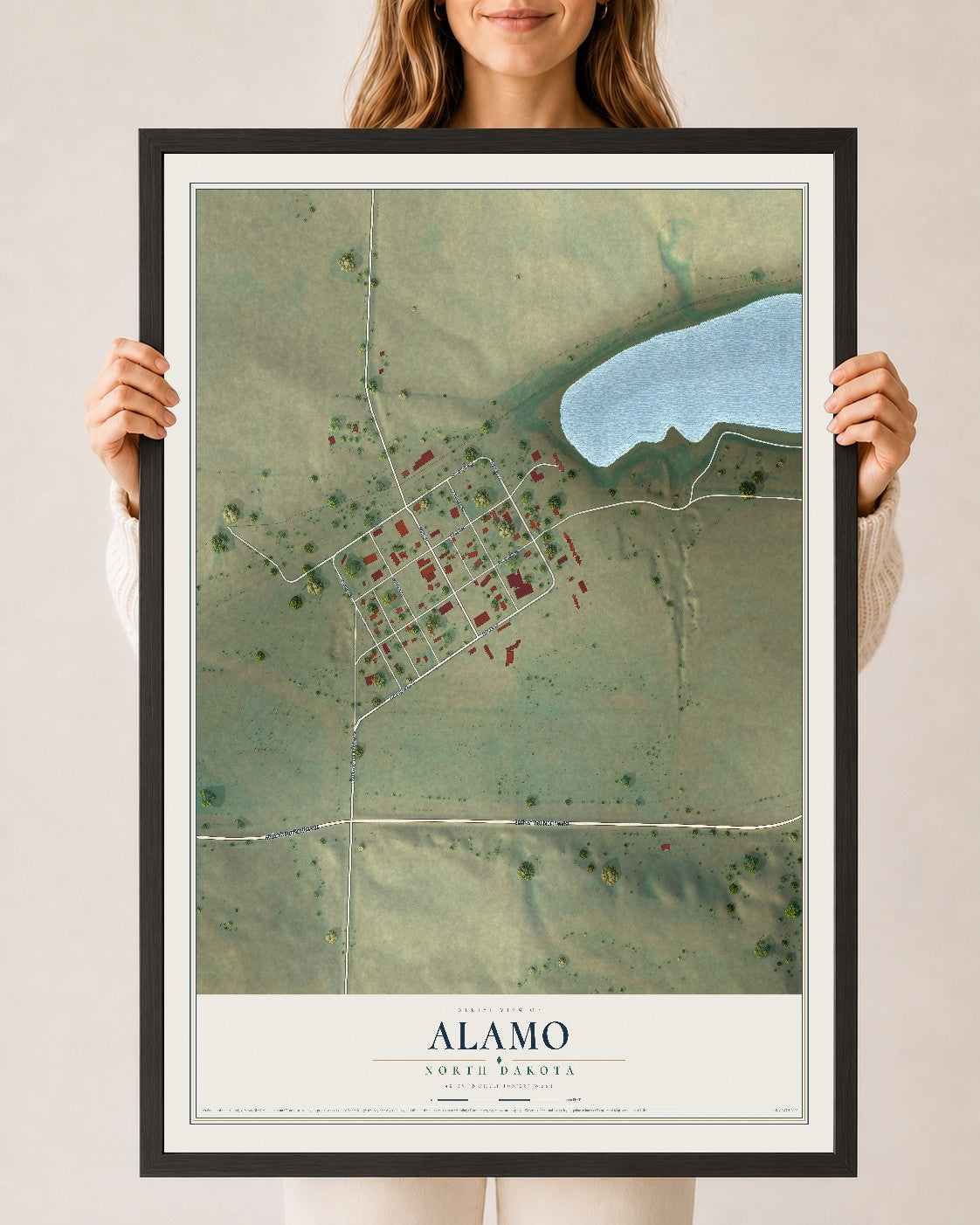 Map of Alamo, North Dakota, 24 x 36 inch print in a black wood frame