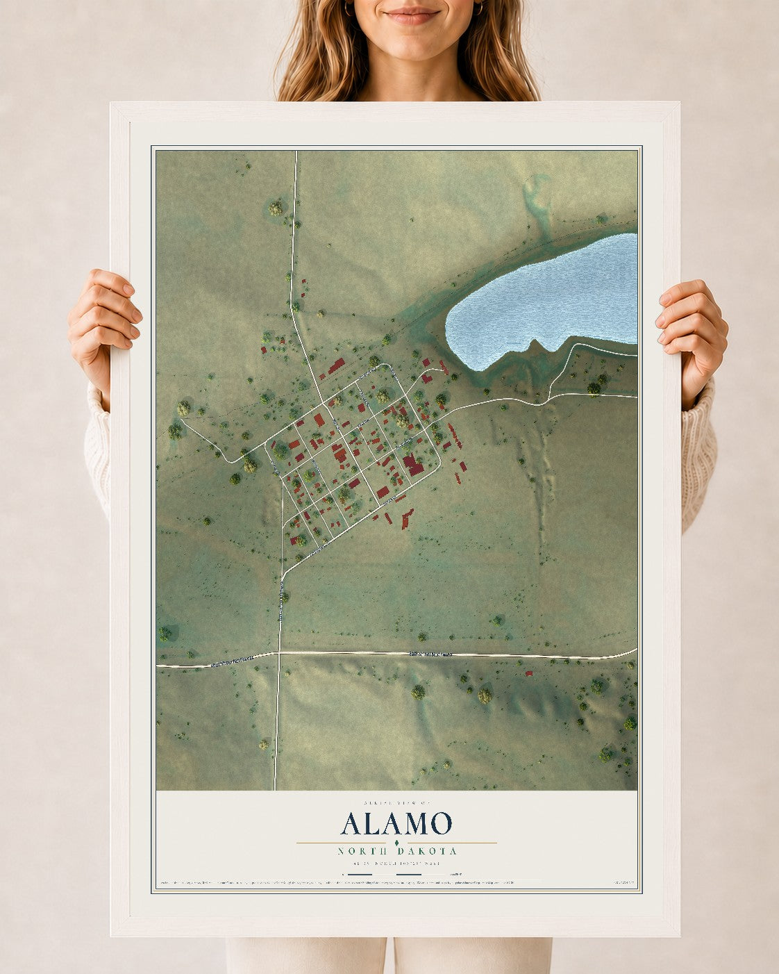 Map of Alamo, North Dakota, 24 x 36 inch print in a white wood frame