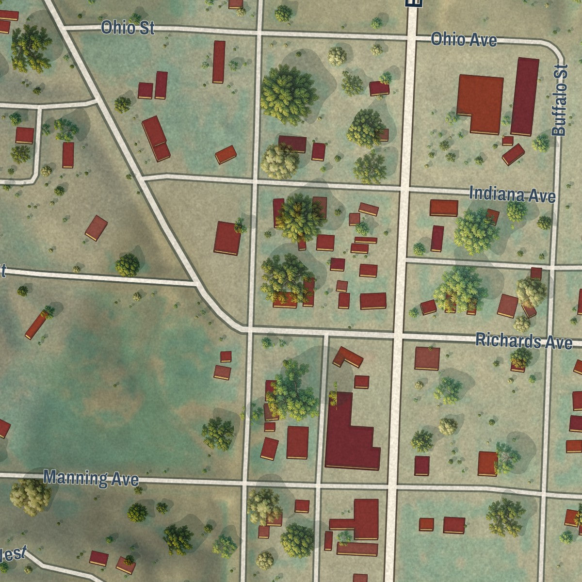 Close-up of the map of Alexander, North Dakota print showing street and building detail