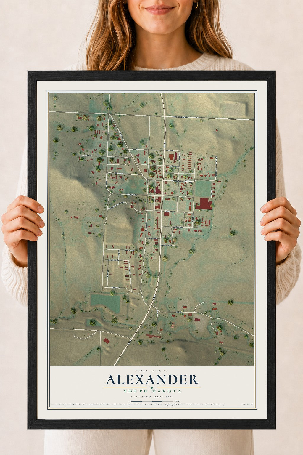 Map of Alexander, North Dakota, 18 x 24 inch print in a black wood frame