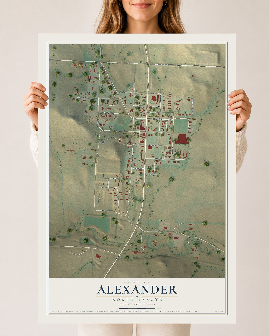 Map of Alexander, North Dakota, 24 x 36 inch unframed archival matte print