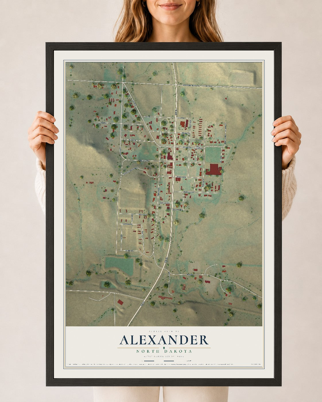 Map of Alexander, North Dakota, 24 x 36 inch print in a black wood frame