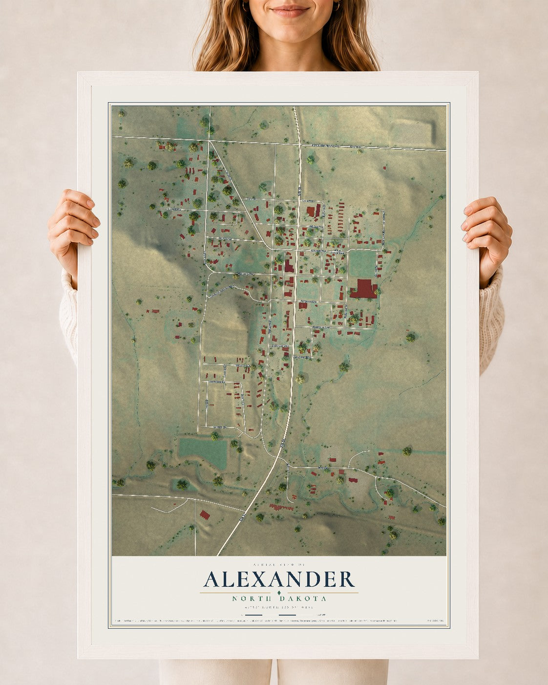 Map of Alexander, North Dakota, 24 x 36 inch print in a white wood frame