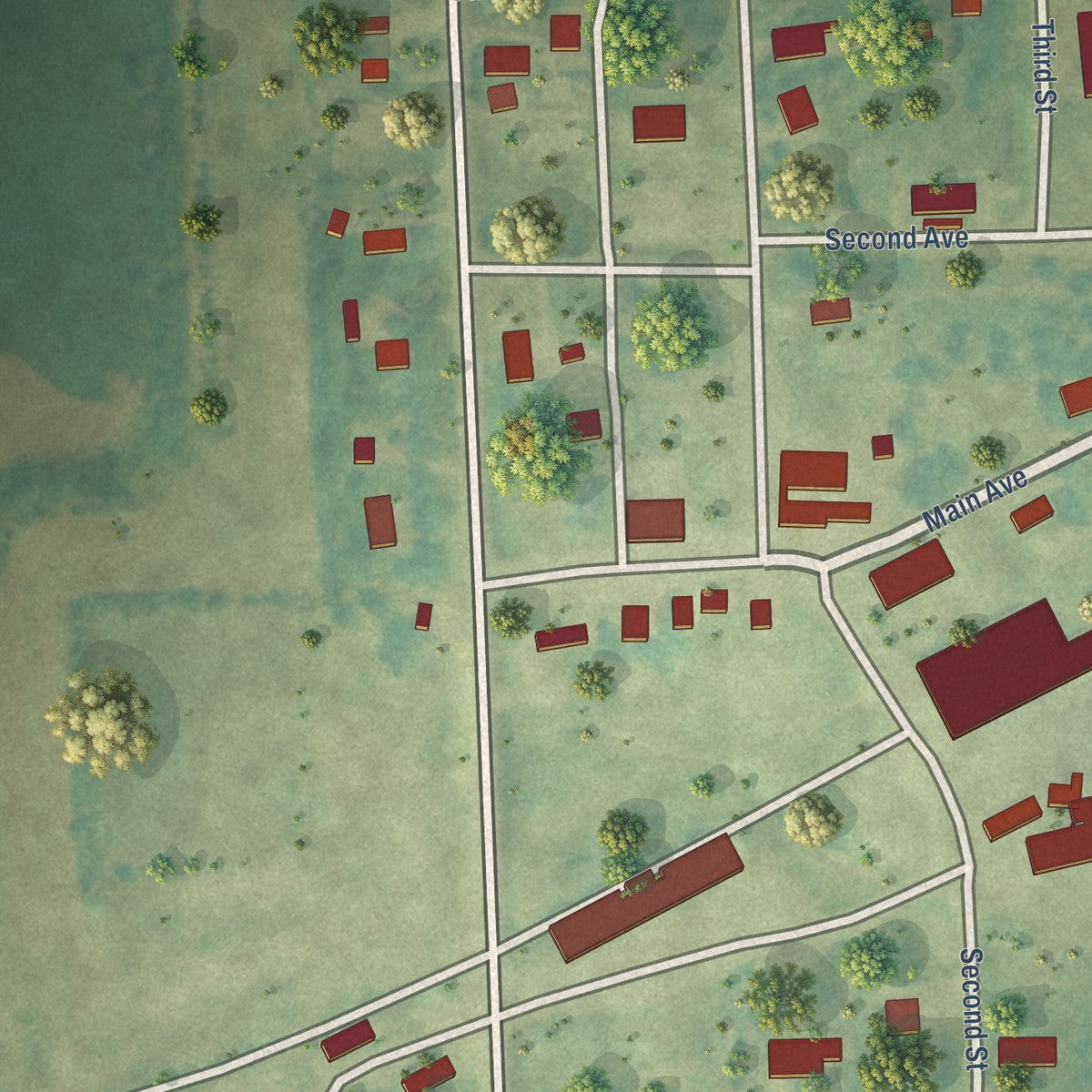 Close-up of the map of Alice, North Dakota print showing street and building detail