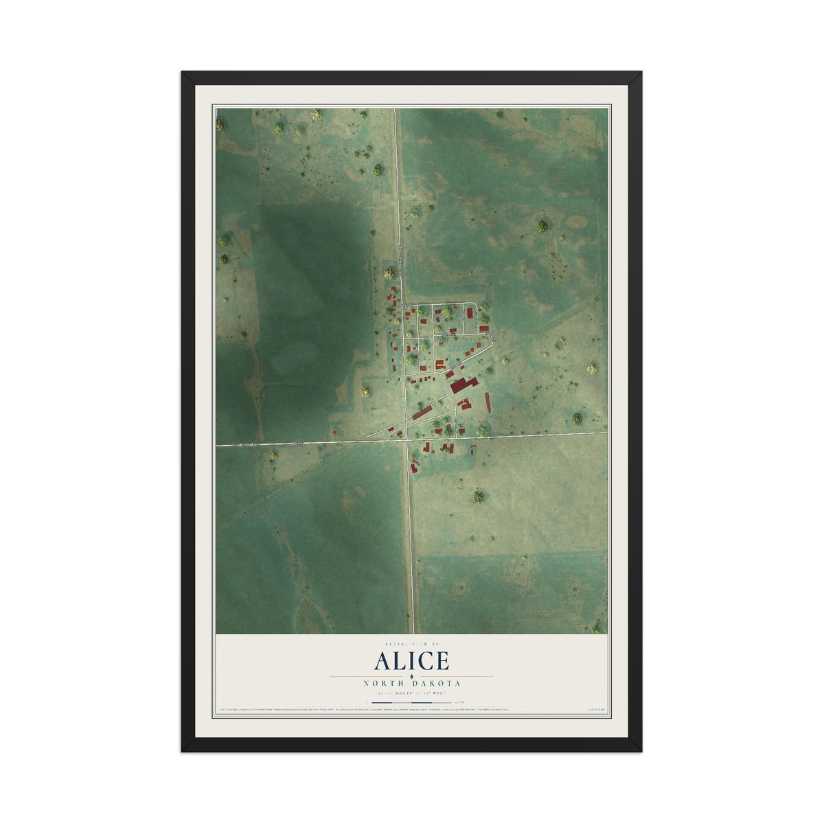 Map of Alice, North Dakota, 12 x 18 inch print in a black wood frame