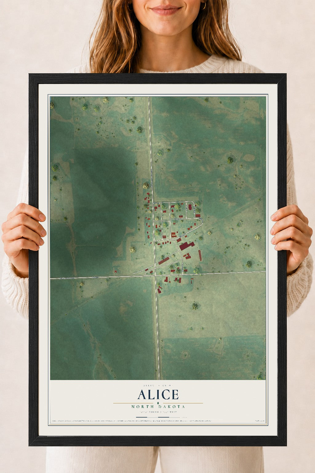 Map of Alice, North Dakota, 18 x 24 inch print in a black wood frame