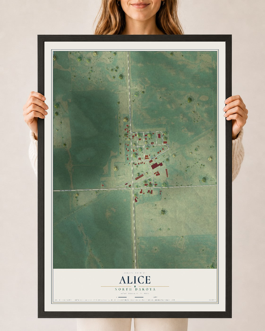 Map of Alice, North Dakota, 24 x 36 inch print in a black wood frame