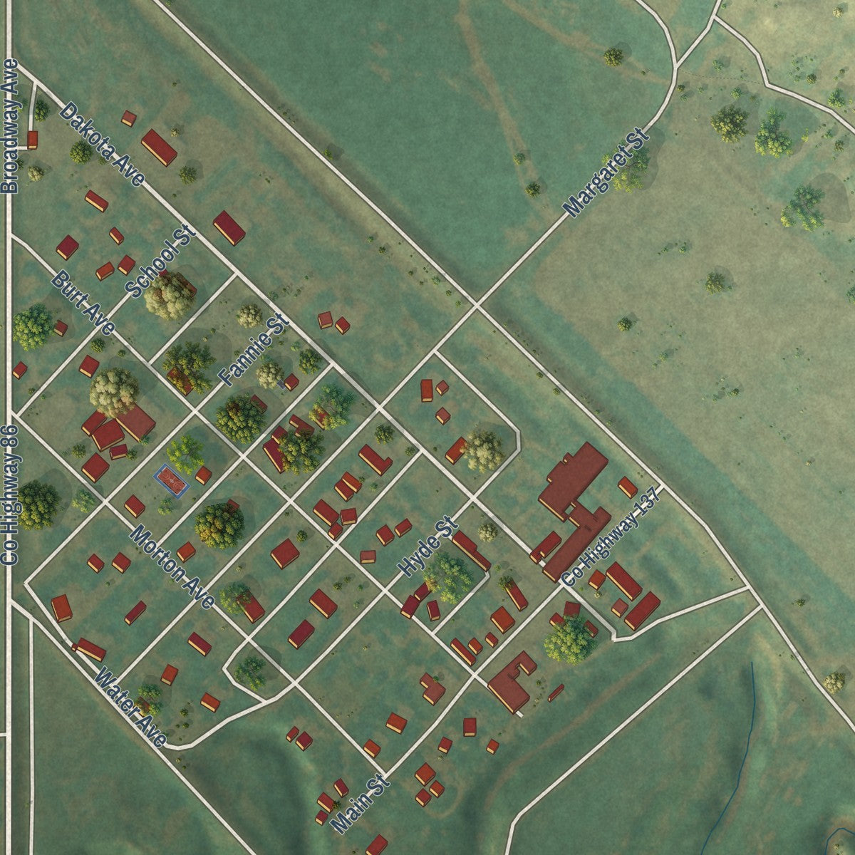 Close-up of the map of Almont, North Dakota print showing street and building detail
