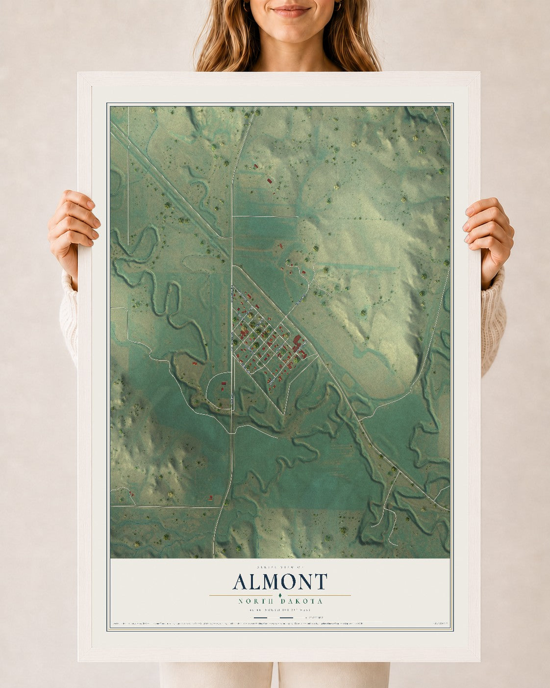 Map of Almont, North Dakota, 24 x 36 inch print in a white wood frame