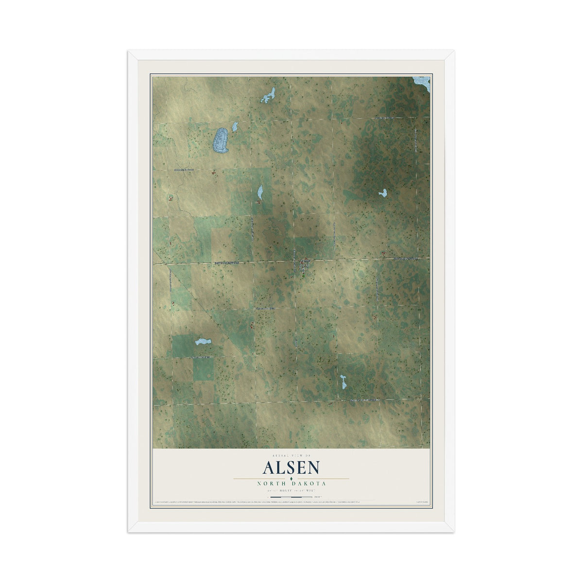 Map of Alsen, North Dakota, 12 x 18 inch print in a white wood frame
