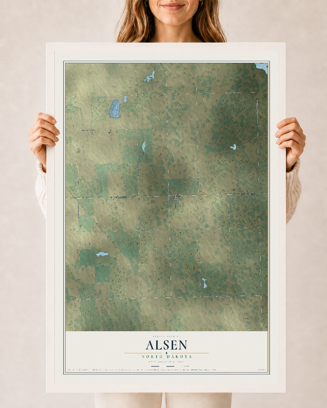Map of Alsen, North Dakota, 24 x 36 inch print in a white wood frame