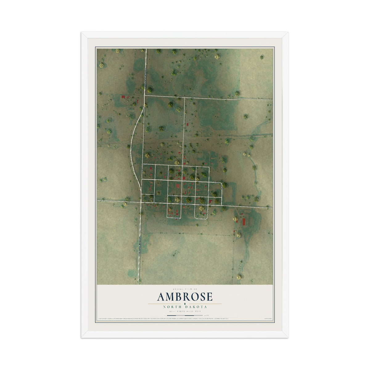 Map of Ambrose, North Dakota, 12 x 18 inch print in a white wood frame