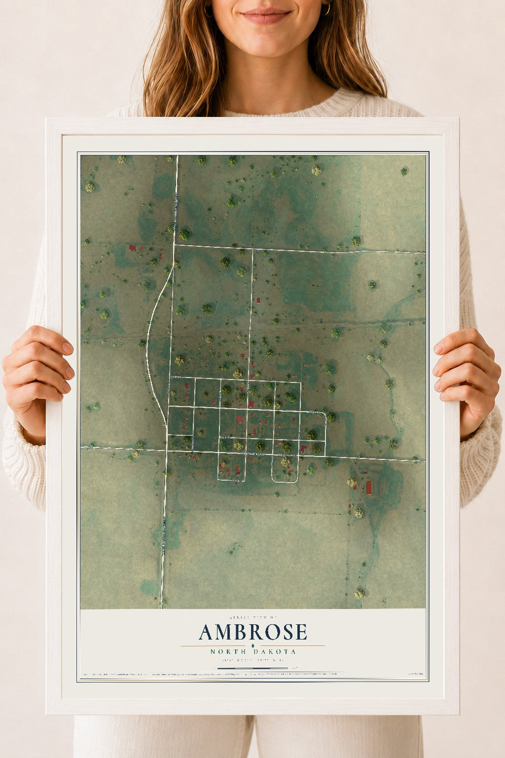 Map of Ambrose, North Dakota, 18 x 24 inch print in a white wood frame