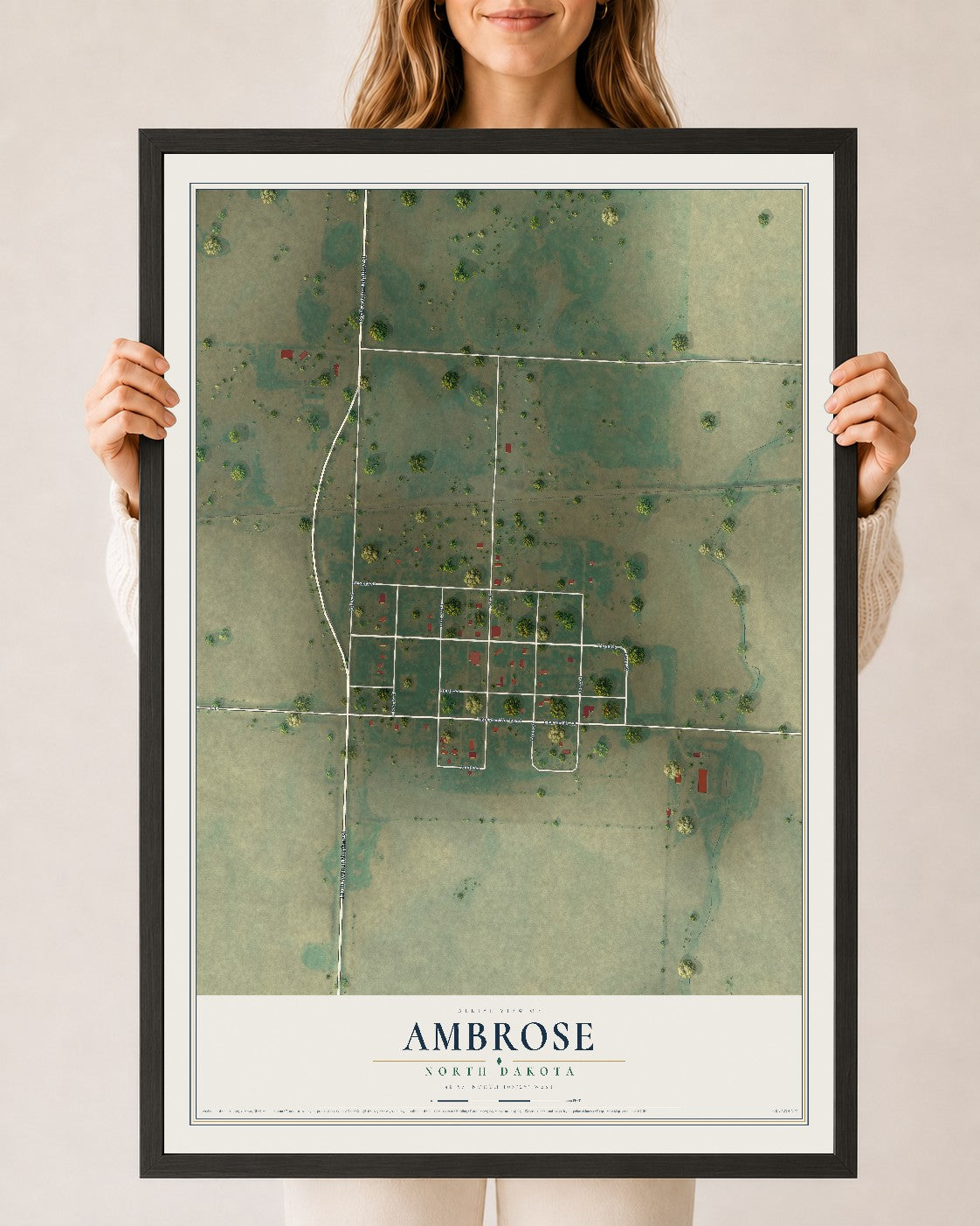 Map of Ambrose, North Dakota, 24 x 36 inch print in a black wood frame