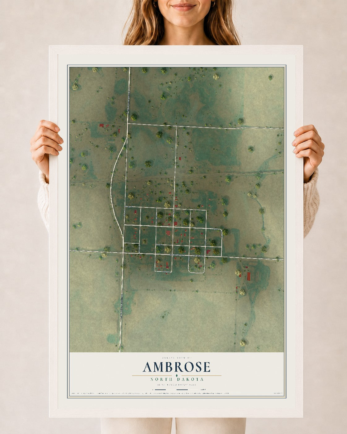 Map of Ambrose, North Dakota, 24 x 36 inch print in a white wood frame