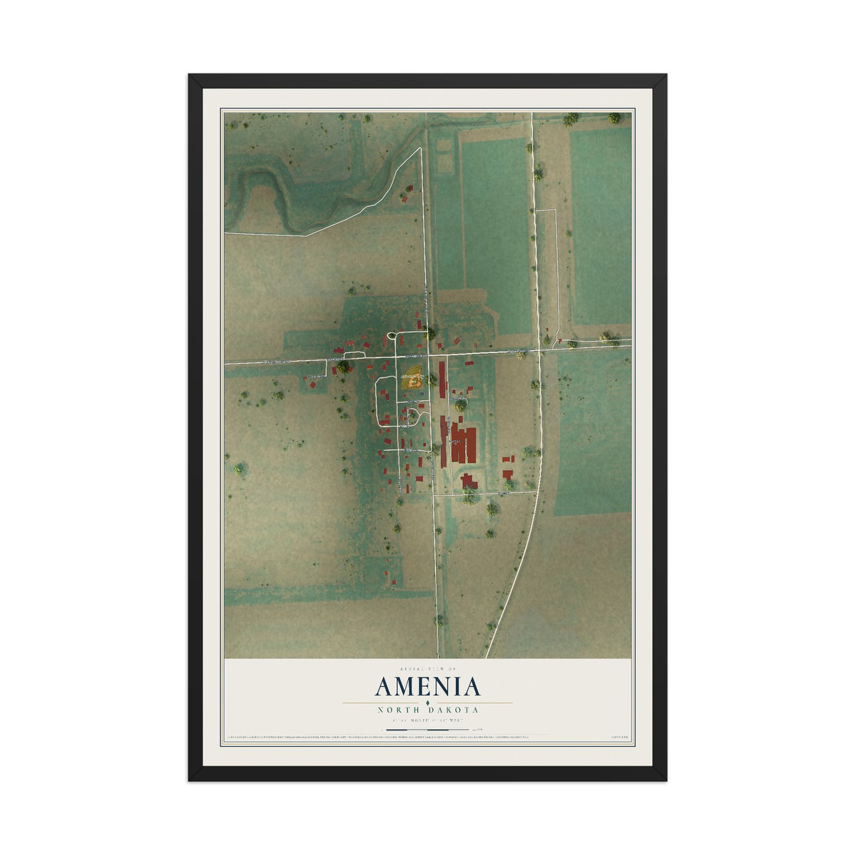 Map of Amenia, North Dakota, 12 x 18 inch print in a black wood frame