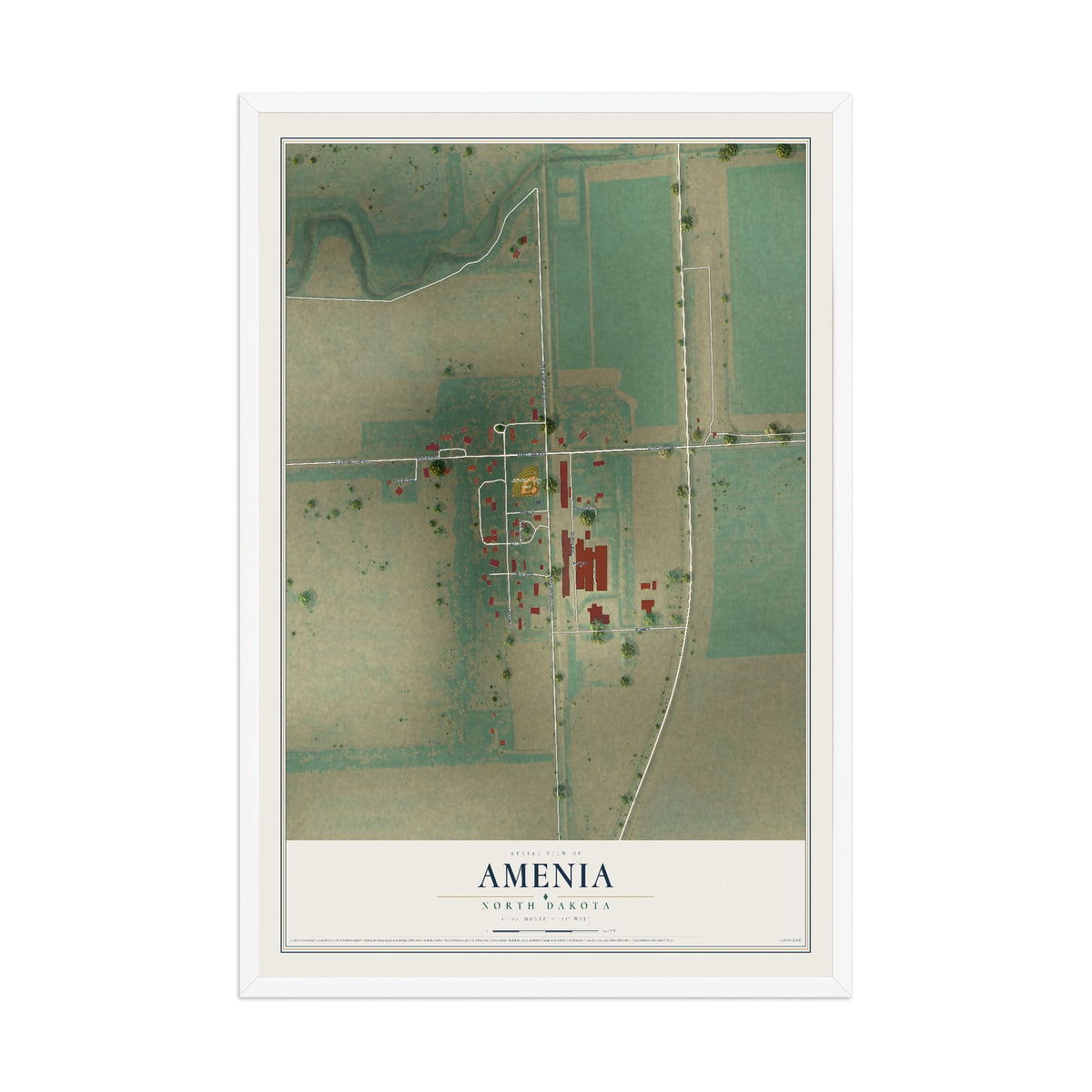 Map of Amenia, North Dakota, 12 x 18 inch print in a white wood frame