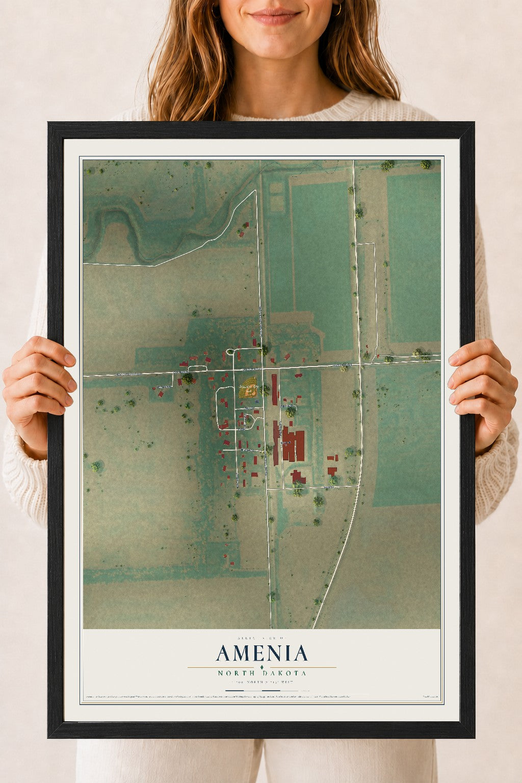 Map of Amenia, North Dakota, 18 x 24 inch print in a black wood frame