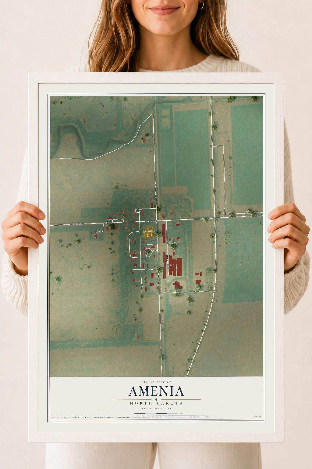 Map of Amenia, North Dakota, 18 x 24 inch print in a white wood frame