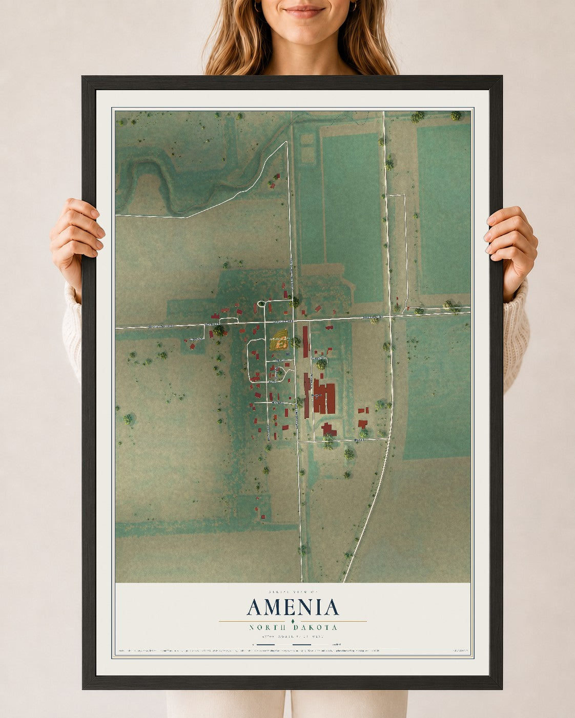 Map of Amenia, North Dakota, 24 x 36 inch print in a black wood frame