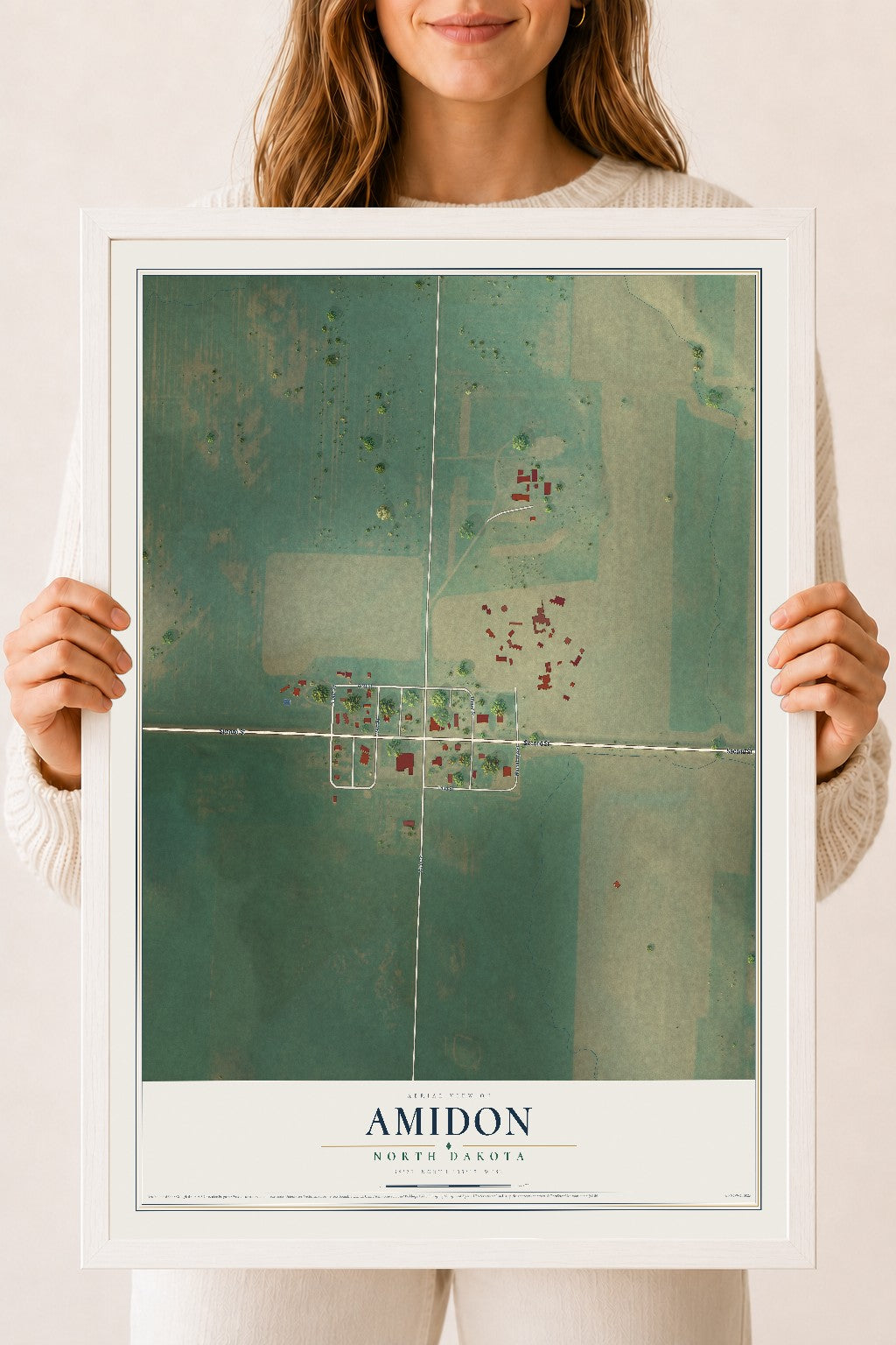 Map of Amidon, North Dakota, 18 x 24 inch print in a white wood frame