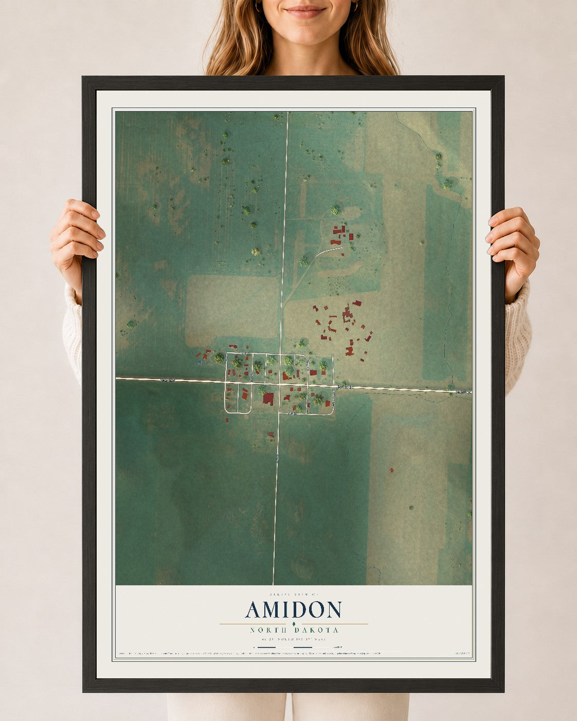 Map of Amidon, North Dakota, 24 x 36 inch print in a black wood frame