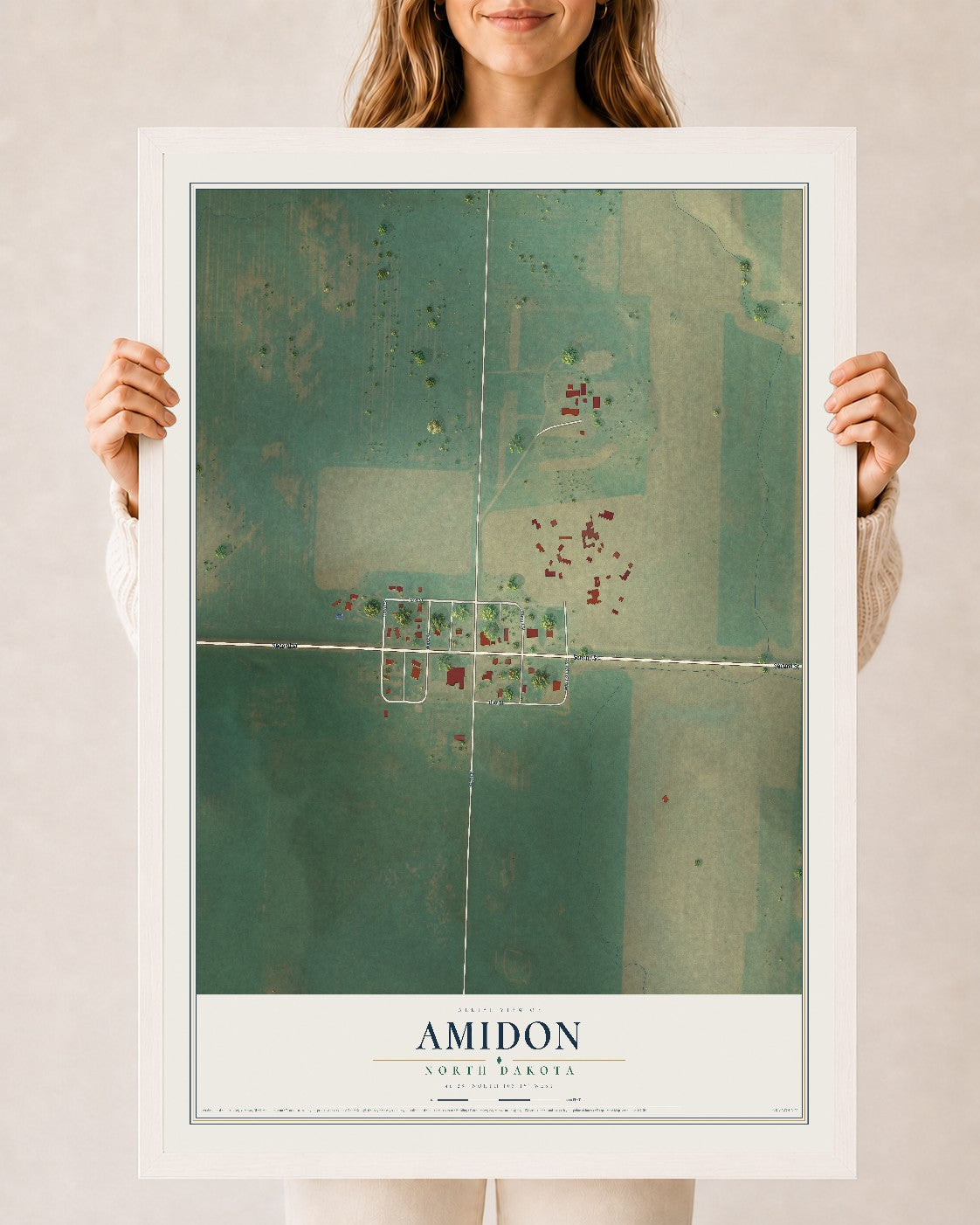 Map of Amidon, North Dakota, 24 x 36 inch print in a white wood frame